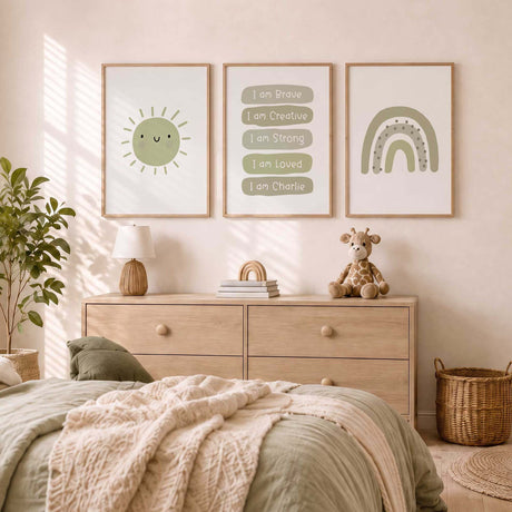 Green sun and rainbow prints with a matching personalised affirmation print 