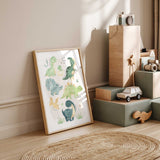 Watercolour dinosaur print with a green stegosaurus, teal long-neck dinosaur, name labels and small grass details.