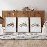 Three vintage toy car prints in olive and muted green tones, numbered 1 to 3 in watercolour on white backgrounds.