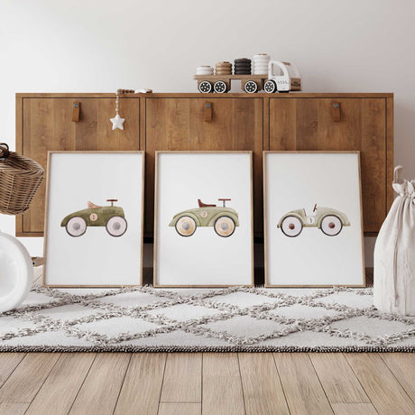 Three vintage toy car prints in olive and muted green tones, numbered 1 to 3 in watercolour on white backgrounds.