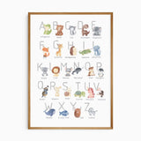 Grey animal alphabet print featuring A to Z letters with watercolour animals, including a koala, lion and zebra.