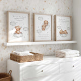 Grey Bible verse nursery print set featuring three watercolour bears resting and playing among clouds and stars