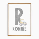 Personalised construction name print with a large grey initial, the name and a yellow watercolour road roller.