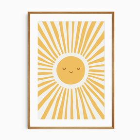 Smiling sun wall art print for nursery decor with yellow sunburst rays