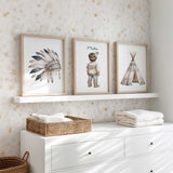 Matching headdress and teepee nursery prints in blue, beige and neutral watercolour tones.
