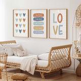 Kids print set featuring colourful hearts, LOVE lettering and personalised affirmations in terracotta, blue and mustard.