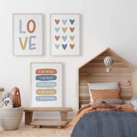 Heart and affirmation print set with LOVE lettering and I am statements on terracotta, blue, aqua and mustard panels.