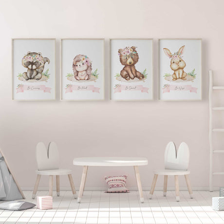 Girls wall art featuring hedgehog, bear, bunny, and raccoon illustrations