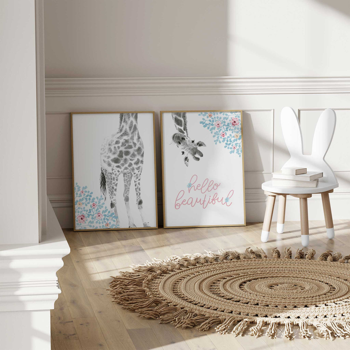 Hello beautiful giraffe nursery print with soft pastel florals and script text for baby girl room decor.