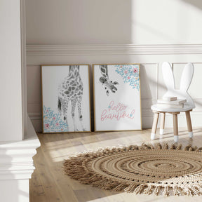 Hello beautiful giraffe nursery print with soft pastel florals and script text for baby girl room decor.