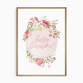 Pink floral quote print saying “Hello Beautiful” for girls bedroom or nursery