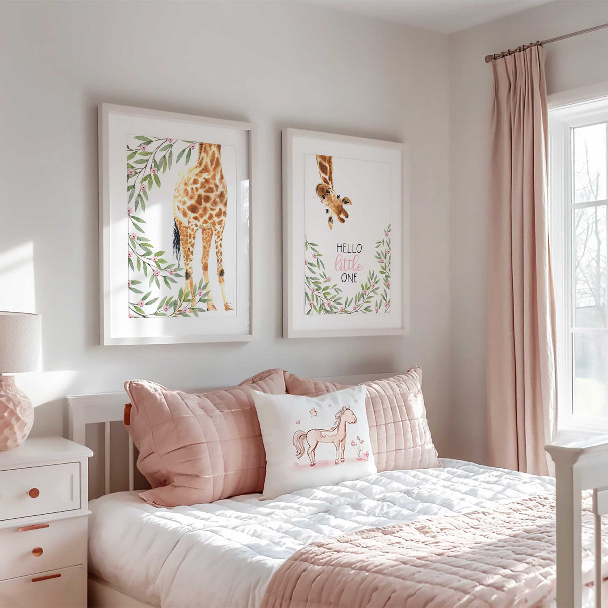 Hello little one floral safari giraffe print for girls nursery decor and bedroom