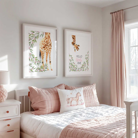 Hello little one floral safari giraffe print for girls nursery decor and bedroom