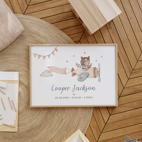 Hello world bear airplane birth announcement nursery print