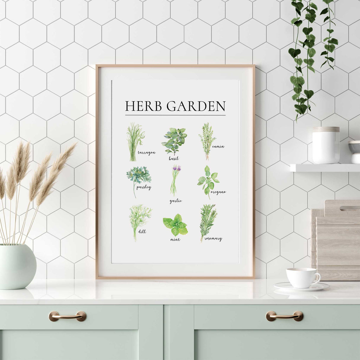 Labelled herb garden print featuring nine green watercolour herbs arranged in a clean botanical chart
