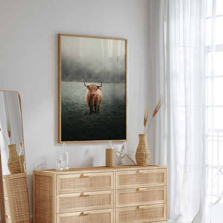 Highland cow wall art in rustic bedroom setting