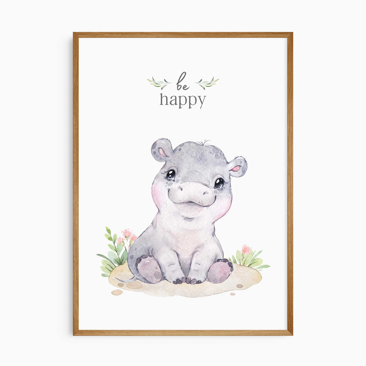 Nursery wall art featuring hippo lion cub and elephant with pink accents