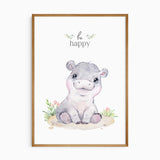 Nursery wall art featuring hippo lion cub and elephant with pink accents