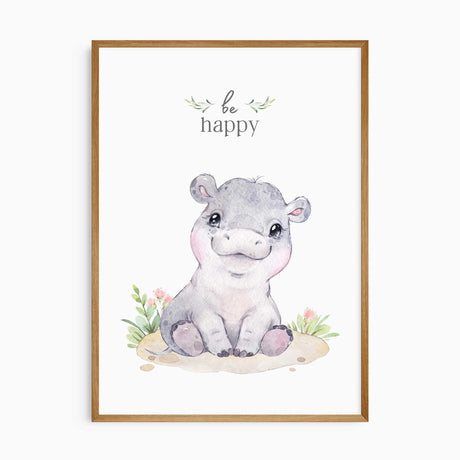Nursery wall art featuring hippo lion cub and elephant with pink accents