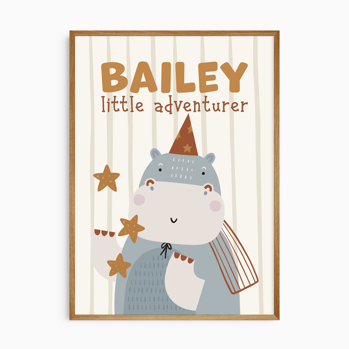 Hippo nursery print with personalised name, party hat, scattered stars and little adventurer wording.