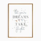 Watercolour hot air balloon and aeroplane prints in soft blue, grey and beige for a baby boy’s nursery or bedroom