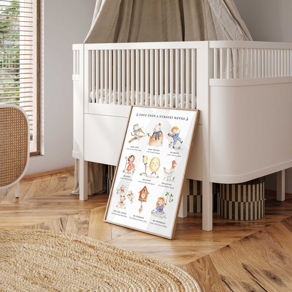 Nursery rhyme wall art featuring Humpty Dumpty, Little Boy Blue, Little Miss Muffet and other classic characters.