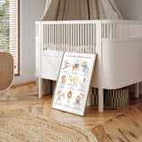 Nursery rhyme wall art featuring Humpty Dumpty, Little Boy Blue, Little Miss Muffet and other classic characters.