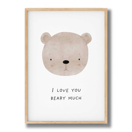 I love you beary much bear nursery wall art with soft neutral teddy illustration
