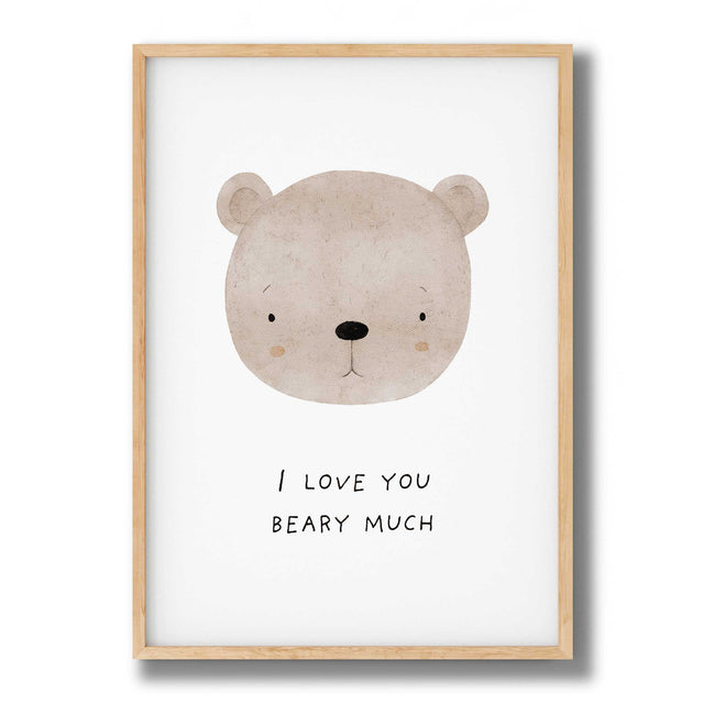 I love you beary much bear nursery wall art with soft neutral teddy illustration
