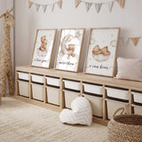 Watercolour bear print set with a bunny hug, crescent moon and sleeping teddy, reading “I love you more than I can bear”.