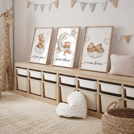 Watercolour bear print set with a bunny hug, crescent moon and sleeping teddy, reading “I love you more than I can bear”.