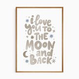 Kids wall art quote print saying I love you to the moon and back with stars