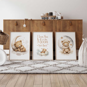 A set of three framed teddy bear prints with the phrases 'I love you to the moon and back' and 'And back again'. The prints feature cute illustrations of bears and moons
