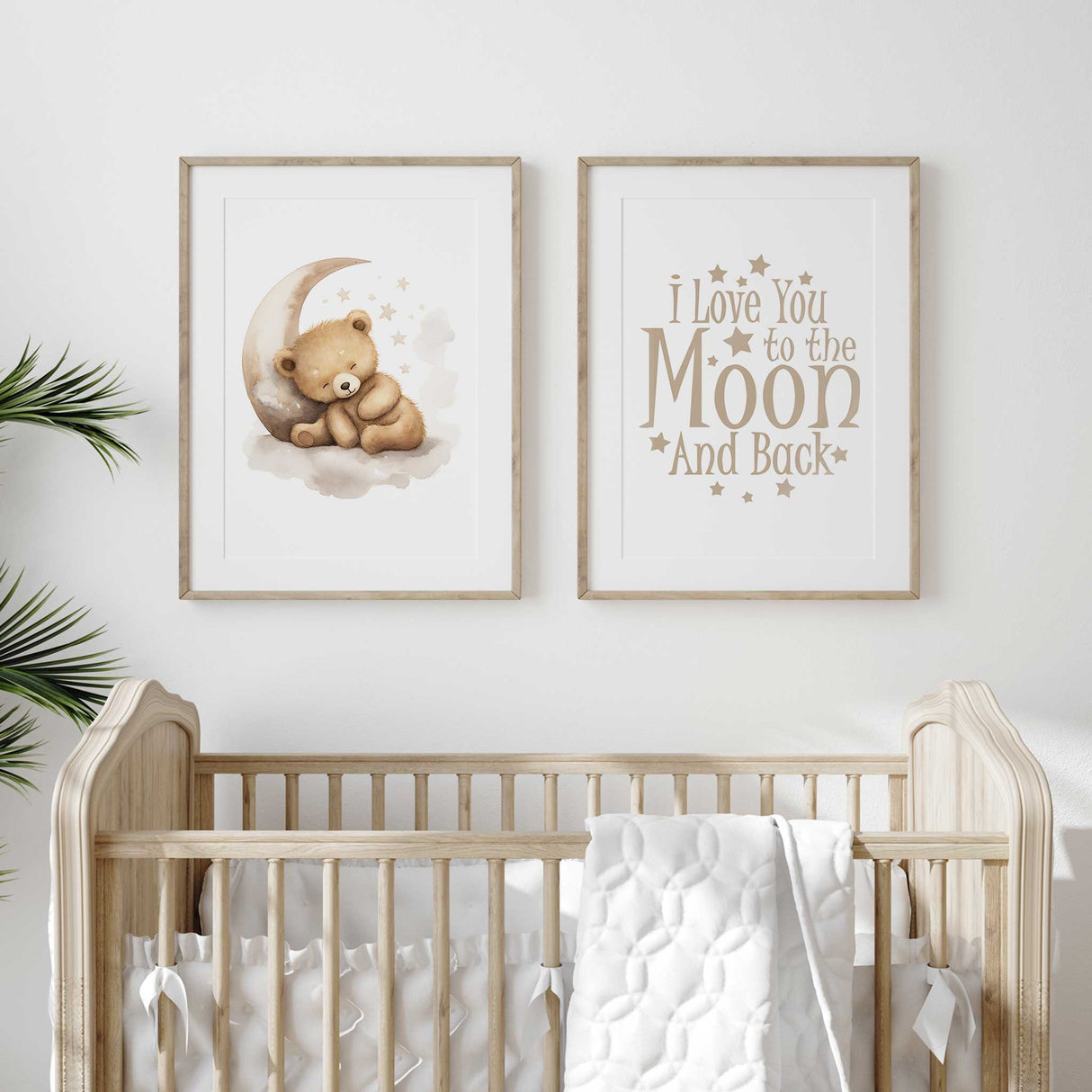Soft watercolour nursery print featuring a sleeping teddy bear on the moon with I Love You to the Moon and Back text. Ideal for baby room decor.