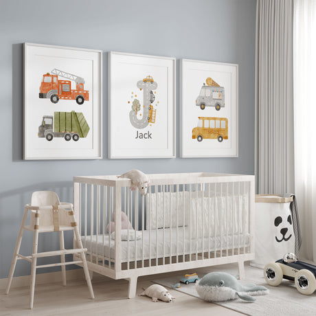 Ice cream truck and garbage truck nursery print for kids room