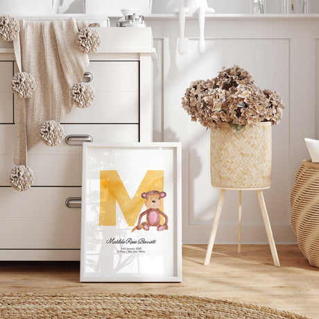 Initial animal nursery keepsake print personalised with name and birth information
