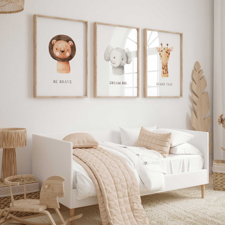 Neutral safari animal wall art set with inspirational affirmations for kids' rooms.
