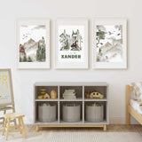 Boys woodland nursery print with bear and mountain illustration in soft tones.