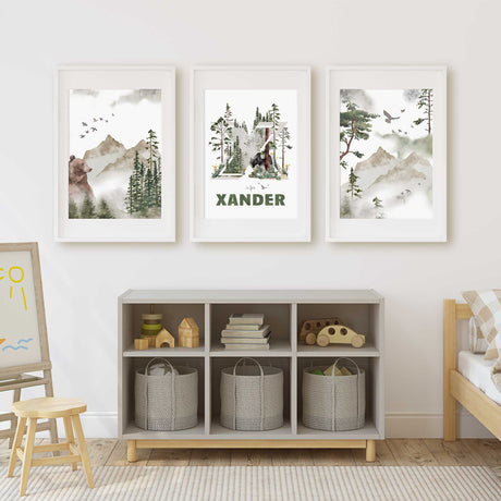 Boys woodland nursery print with bear and mountain illustration in soft tones.
