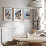 Three Italian coastal photography prints with Amalfi, Positano and Monterosso headings, blue sea and white borders.
