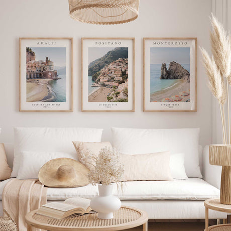 Set of three Italian travel prints featuring coastal architecture, Positano hillside houses and Monterosso beach.