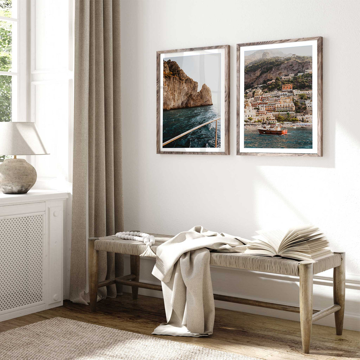 Italian coastal wall art pair combining colourful Positano architecture with rugged cliffs and Mediterranean sea views