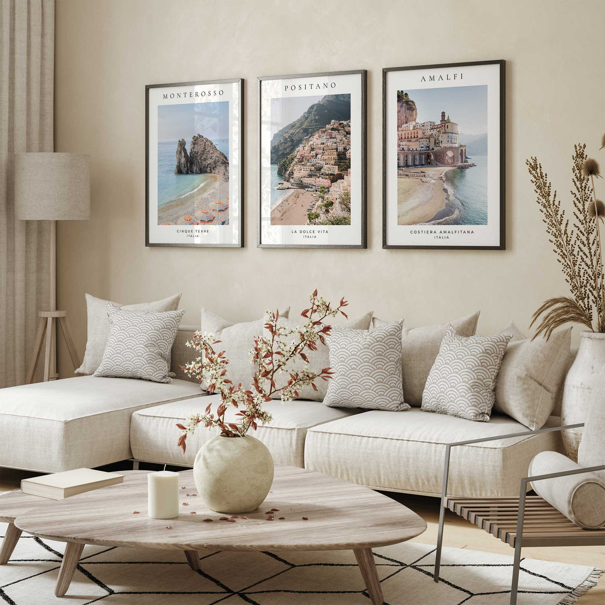 Monterosso, Positano and Amalfi photography prints with white borders, black destination headings and blue coastal views.