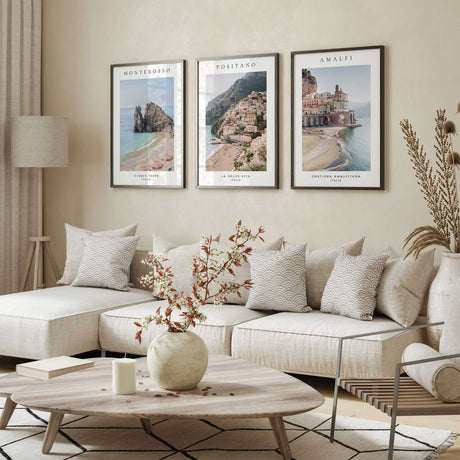 Monterosso, Positano and Amalfi photography prints with white borders, black destination headings and blue coastal views.