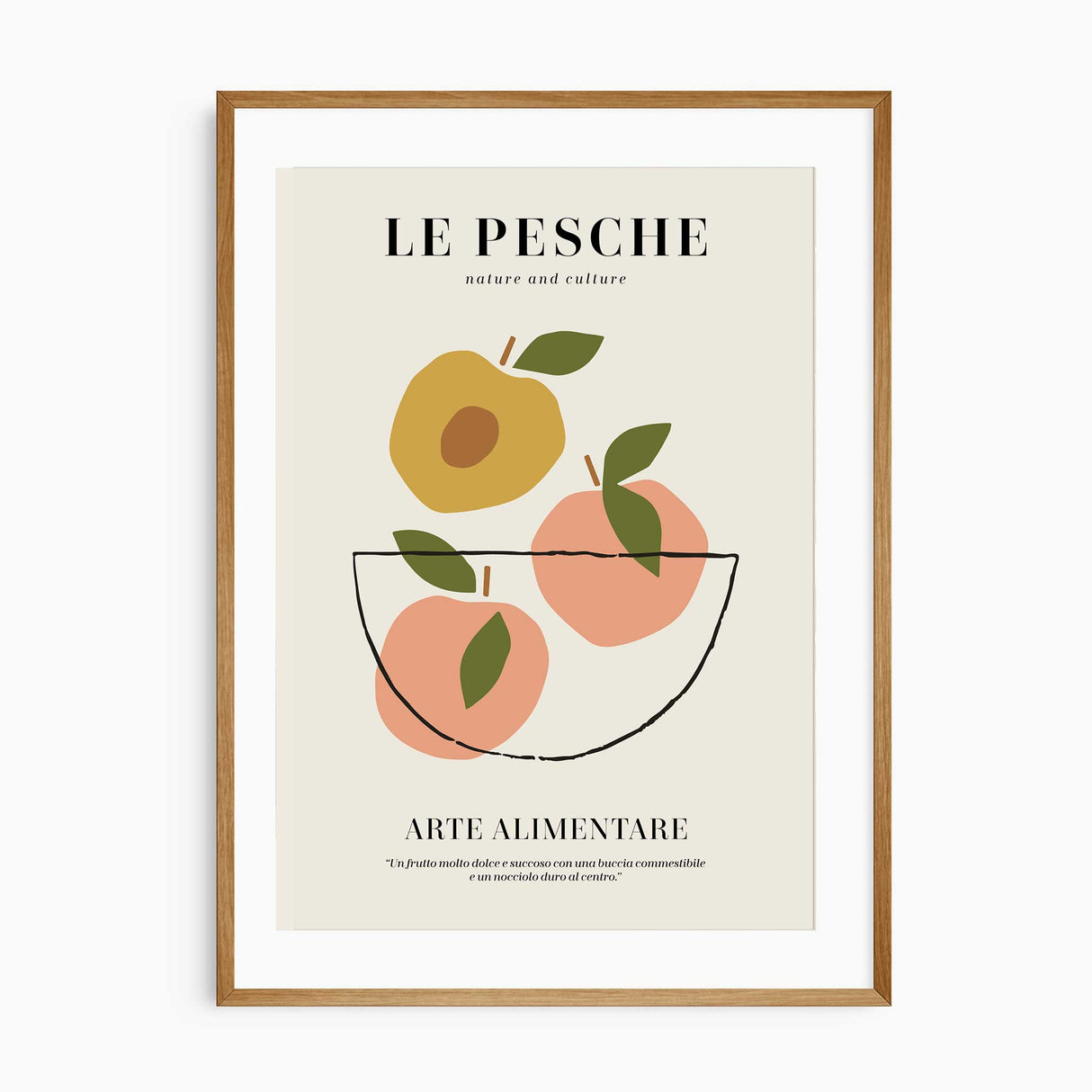 Italian kitchen wall art featuring a retro peach fruit poster in a black frame styled against a light tiled kitchen wall