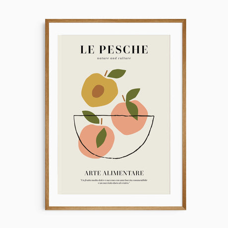 Italian kitchen wall art featuring a retro peach fruit poster in a black frame styled against a light tiled kitchen wall
