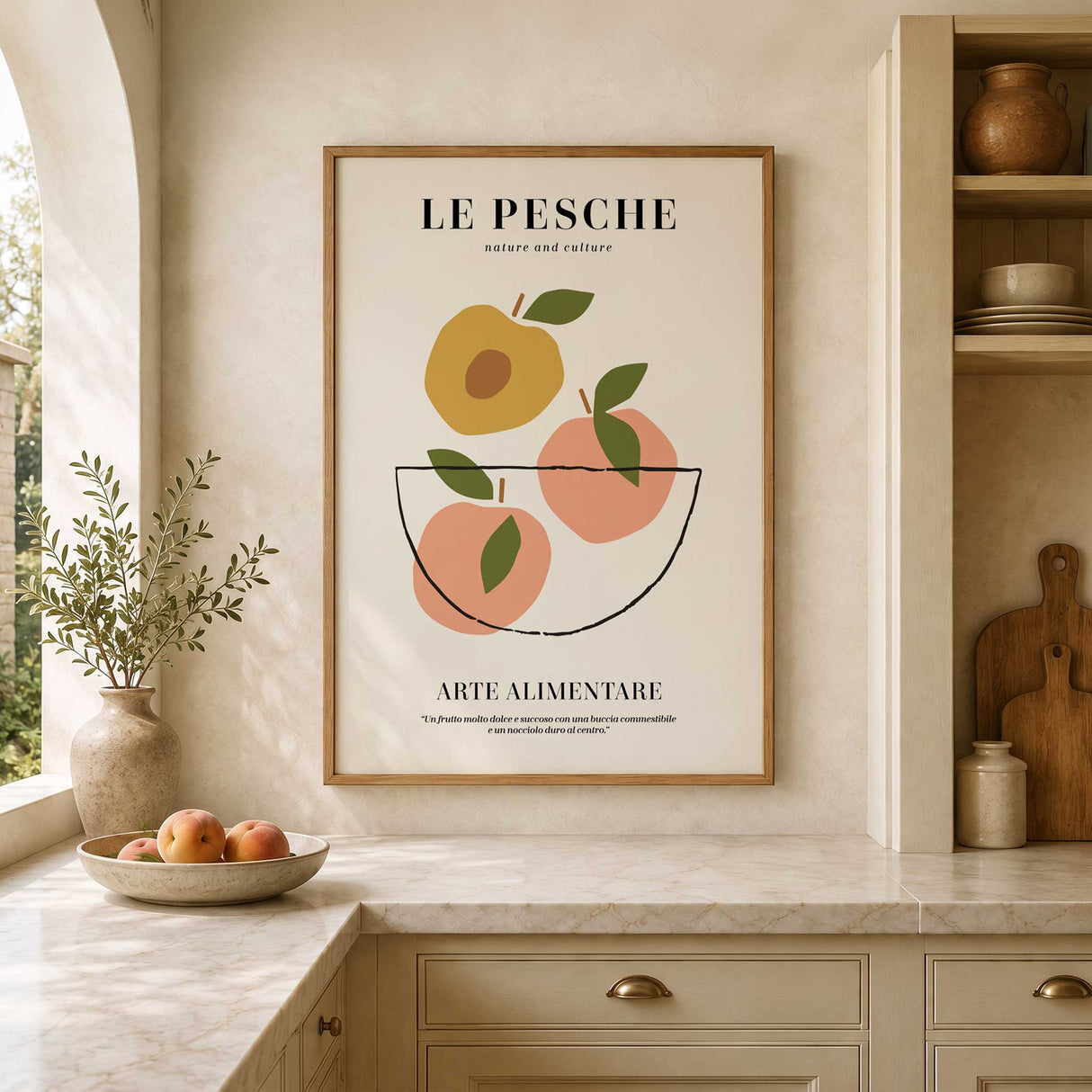Italian peach wall art print featuring a retro fruit bowl illustration with Le Pesche typography, perfect kitchen interior.