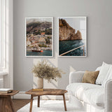 Italy coast photography wall art featuring Positano’s colourful hillside, traditional boats and dramatic rocky shoreline