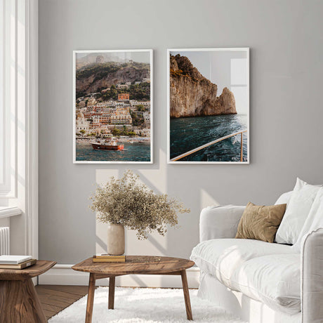 Italy coast photography wall art featuring Positano’s colourful hillside, traditional boats and dramatic rocky shoreline