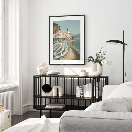 Amalfi Coast print with umbrellas and sea, perfect for home decor.